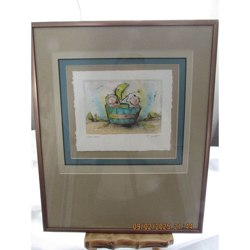 Framed art by T Scot love soup girl boy moon signed hand painted original